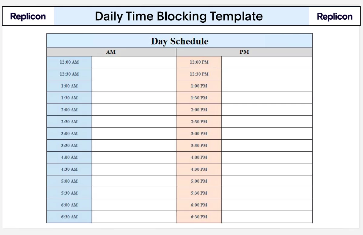 Daily calendar with color coded time blocks
