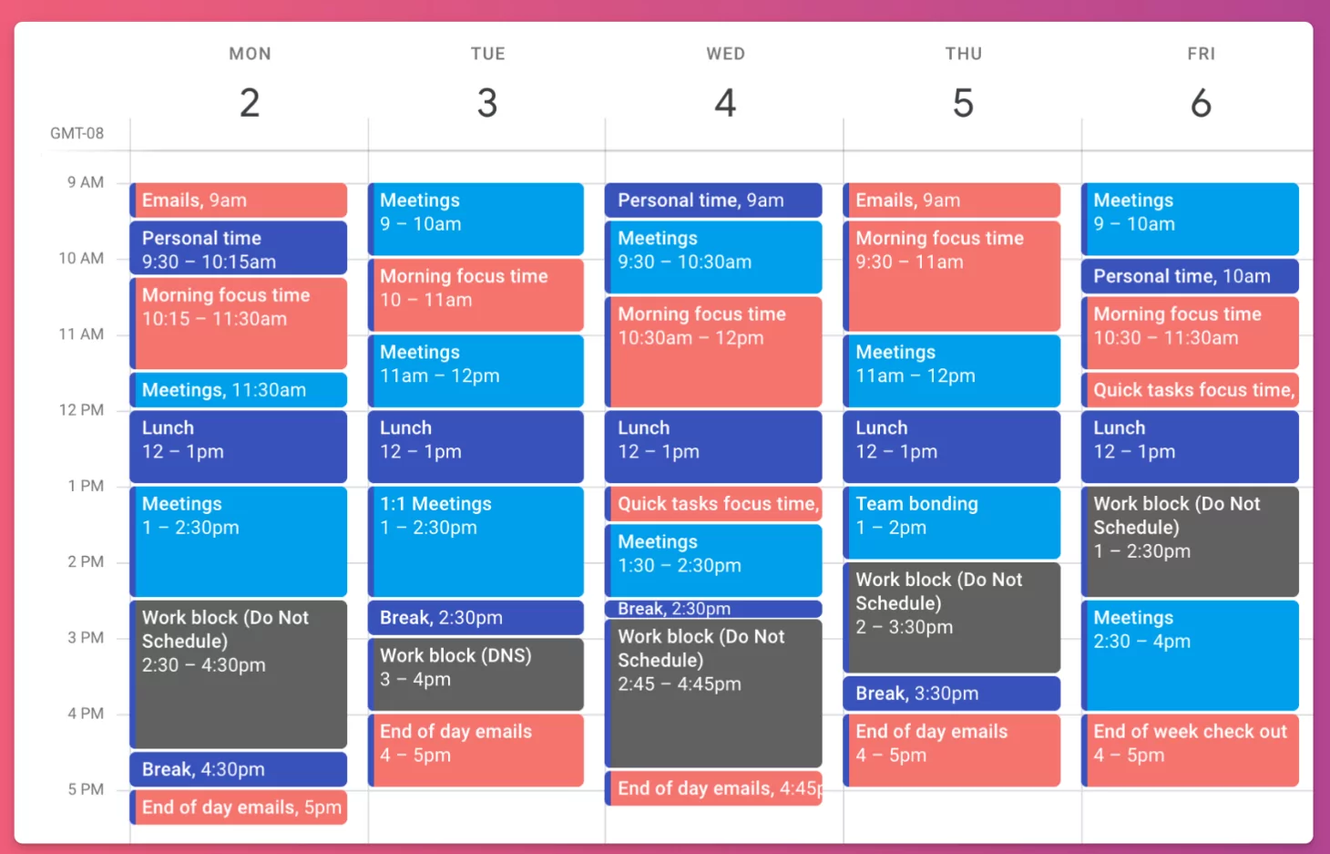 Daily calendar with color coded time blocks