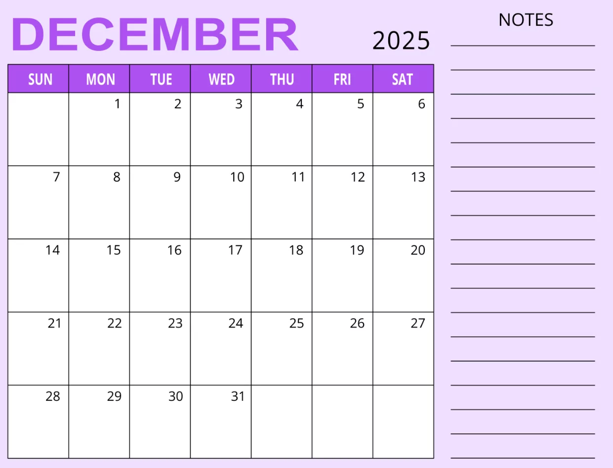 December 2025 calendar printable in pastel style