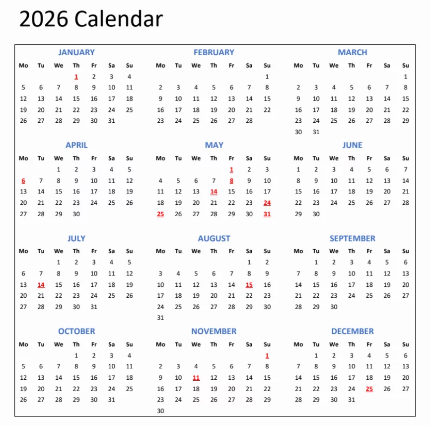 France holidays 2026 highlighted on calendar
