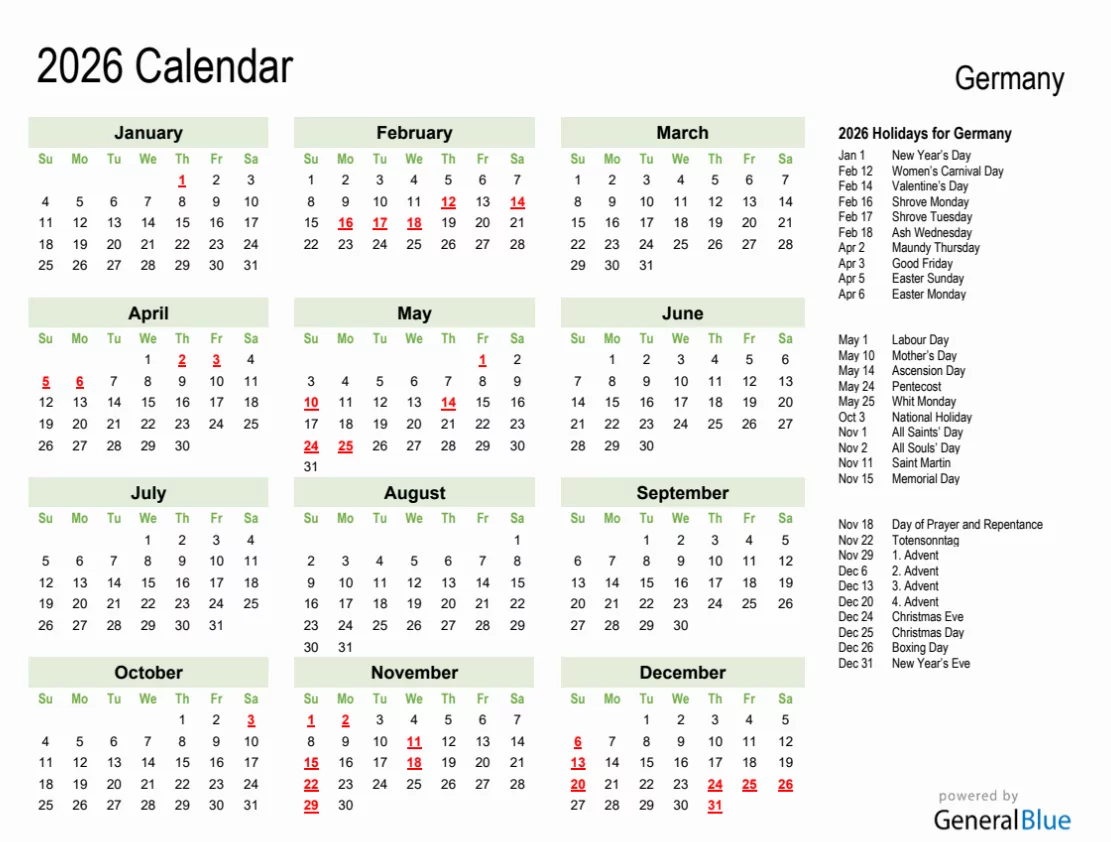 Germany 2026 public holidays list with icons