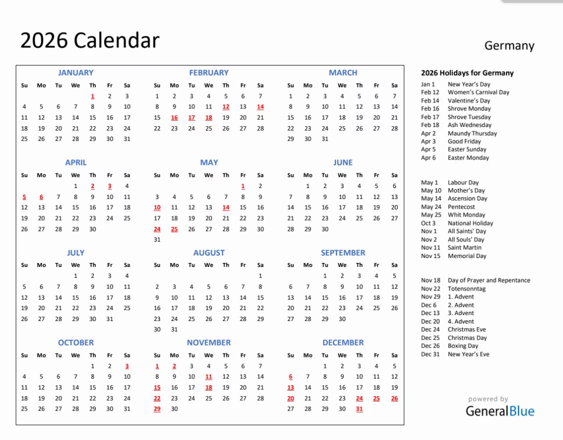 Germany holidays 2026 highlighted on calendar
