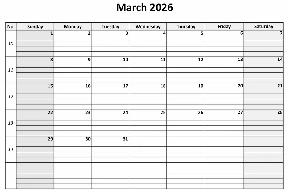 Large Print March 2026 calendar with notes section
