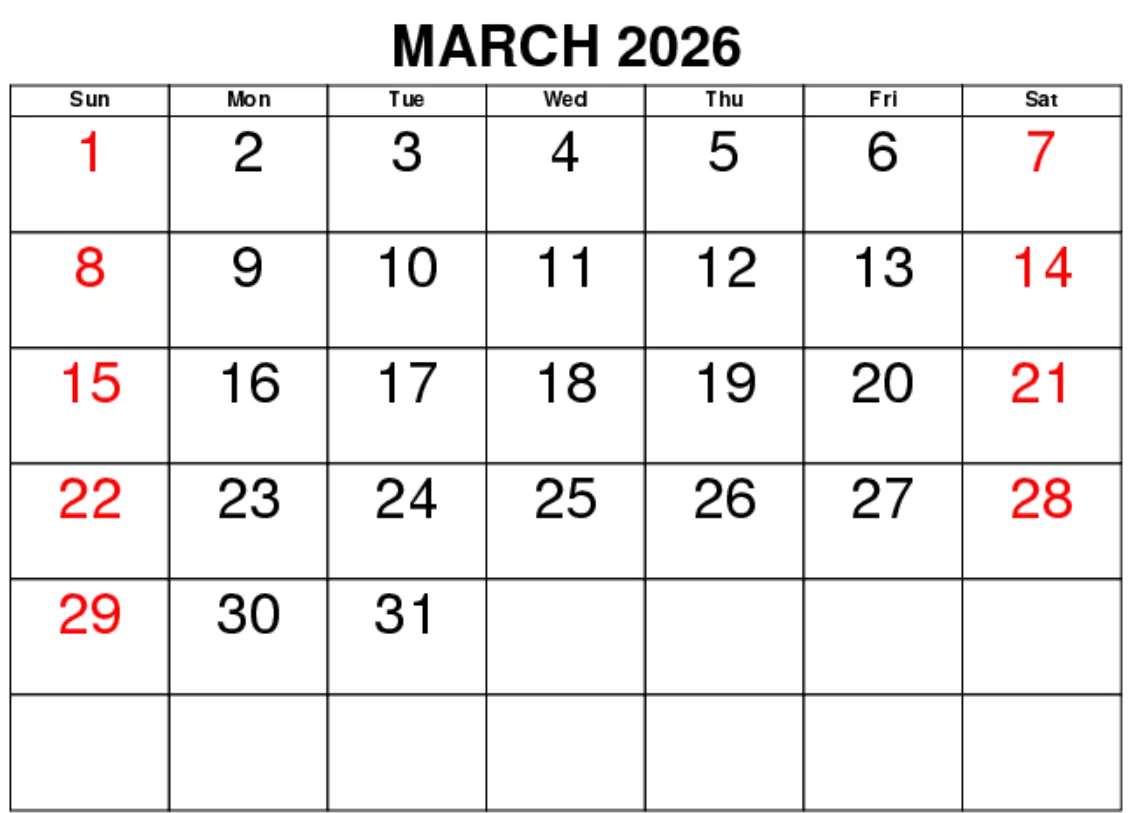 March 2026 Calendar Print Out