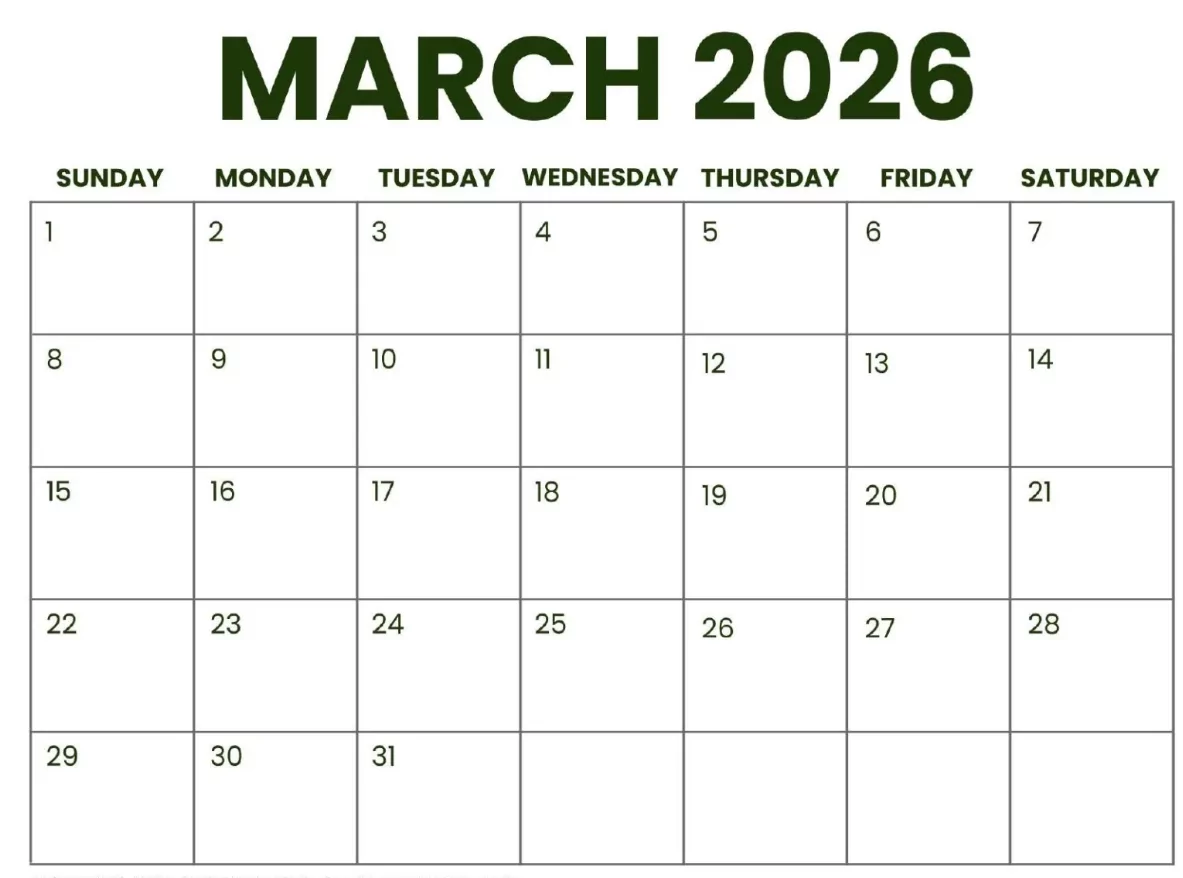 March 2026 calendar printable in large print style