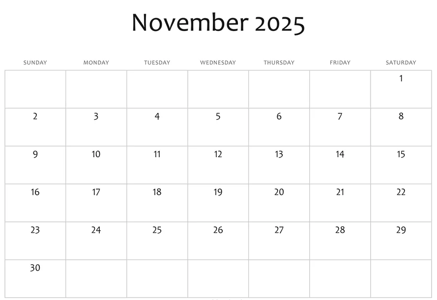 Minimalist November 2025 calendar, letter size for home and office