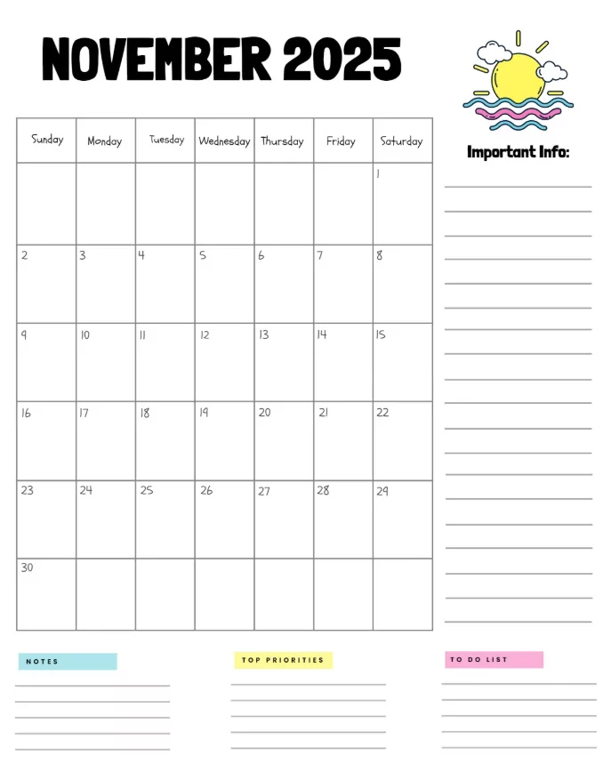 Minimalist November 2025 calendar with notes section