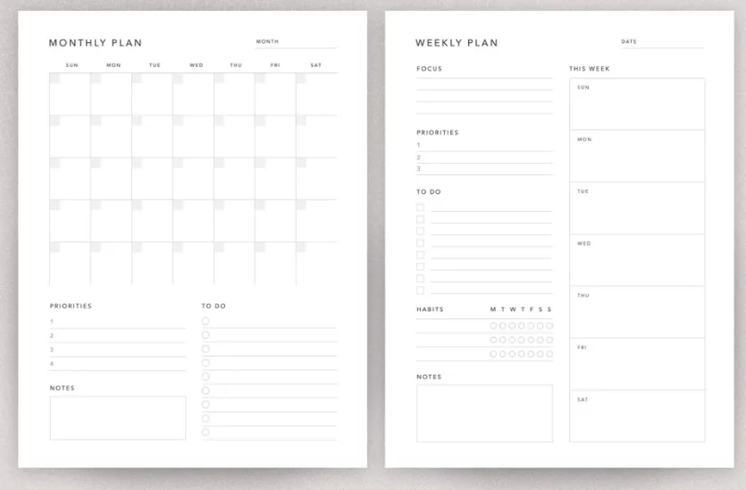 Monthly calendar showing priorities and notes