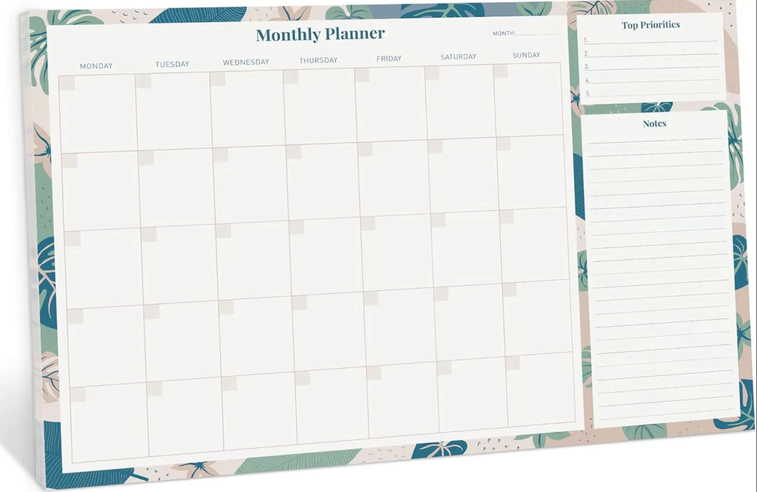 Monthly calendar showing priorities and notes