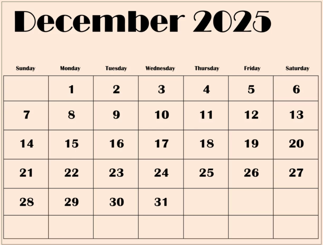 Pastel December 2025 calendar, letter size for home and office