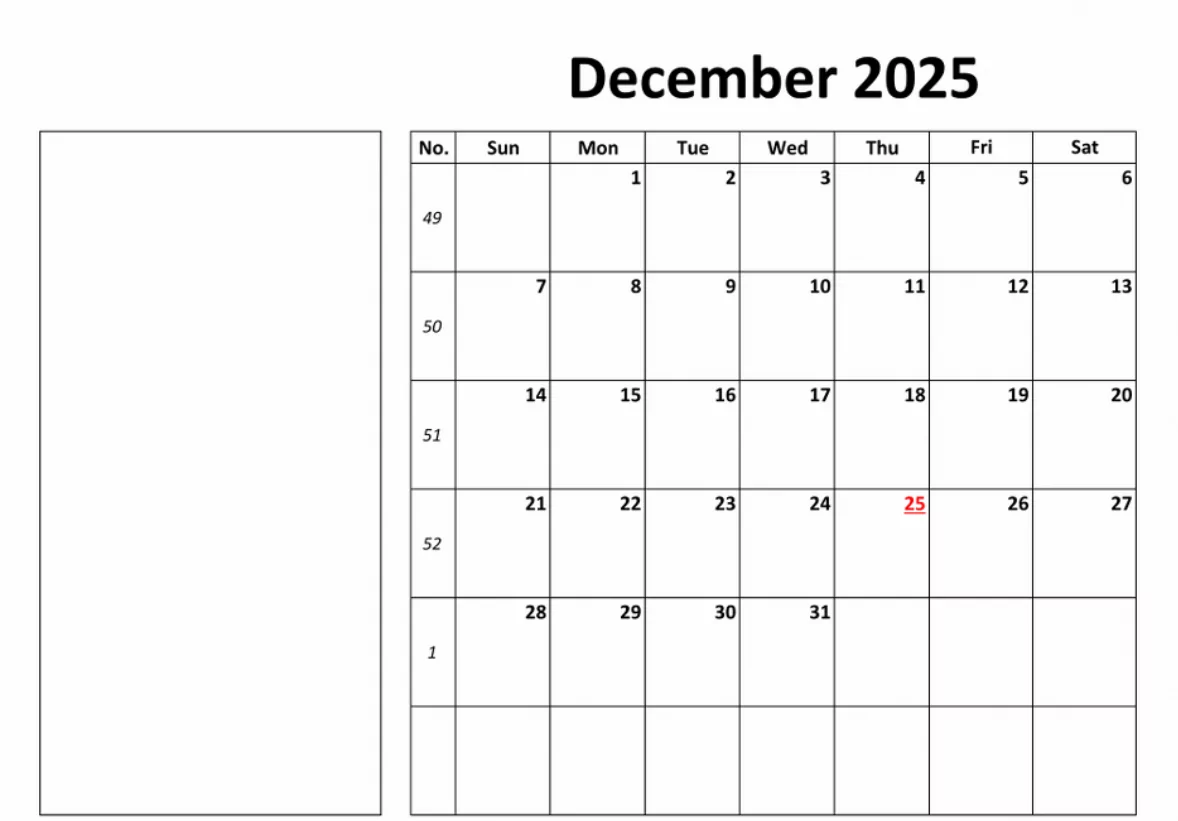 Pastel December 2025 calendar with notes section