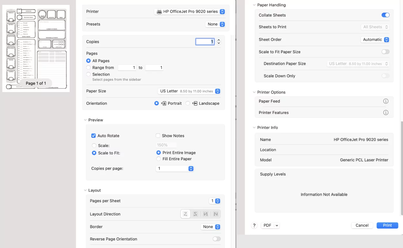 Print setup dialog preview for calendar