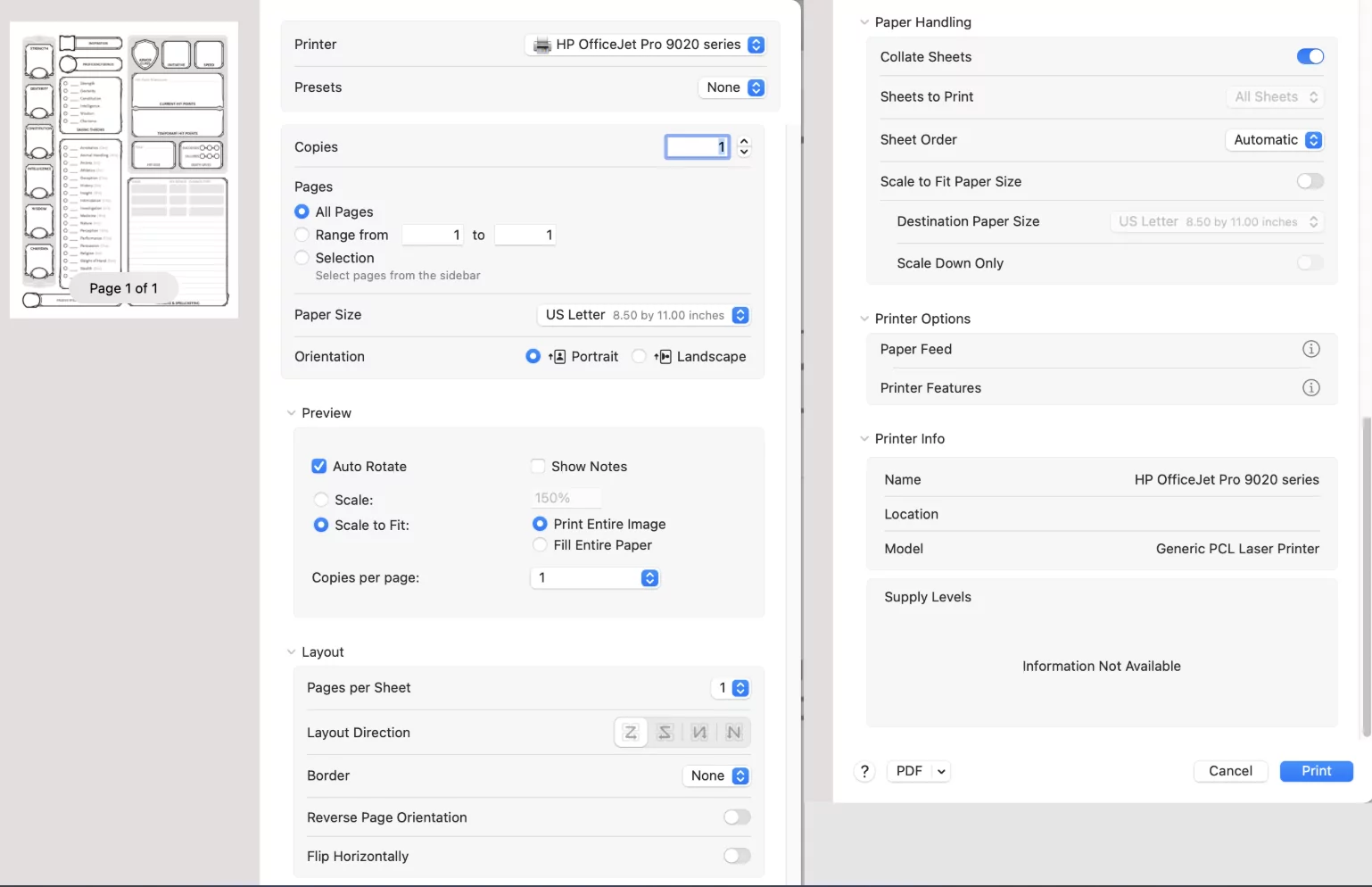 Print setup dialog preview for calendar