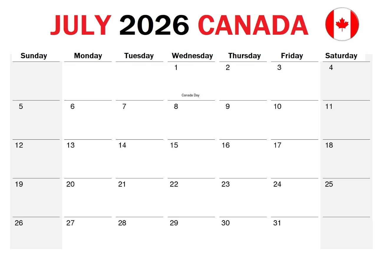 Printable monthly 2026 calendar with Canada holidays