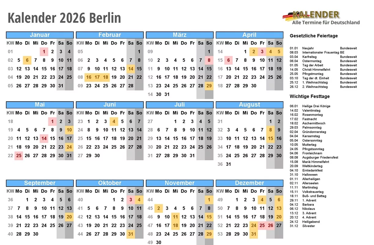 Printable monthly 2026 calendar with Germany holidays