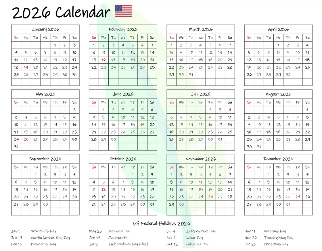 Printable monthly 2026 calendar with United States holidays