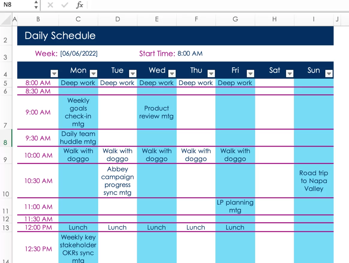 Spreadsheet calendar formula bar close up