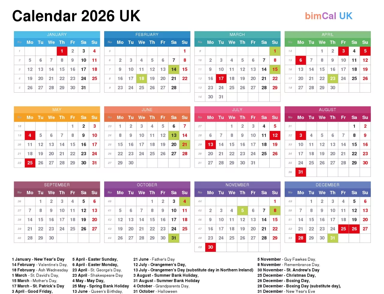 United Kingdom holidays 2026 highlighted on calendar