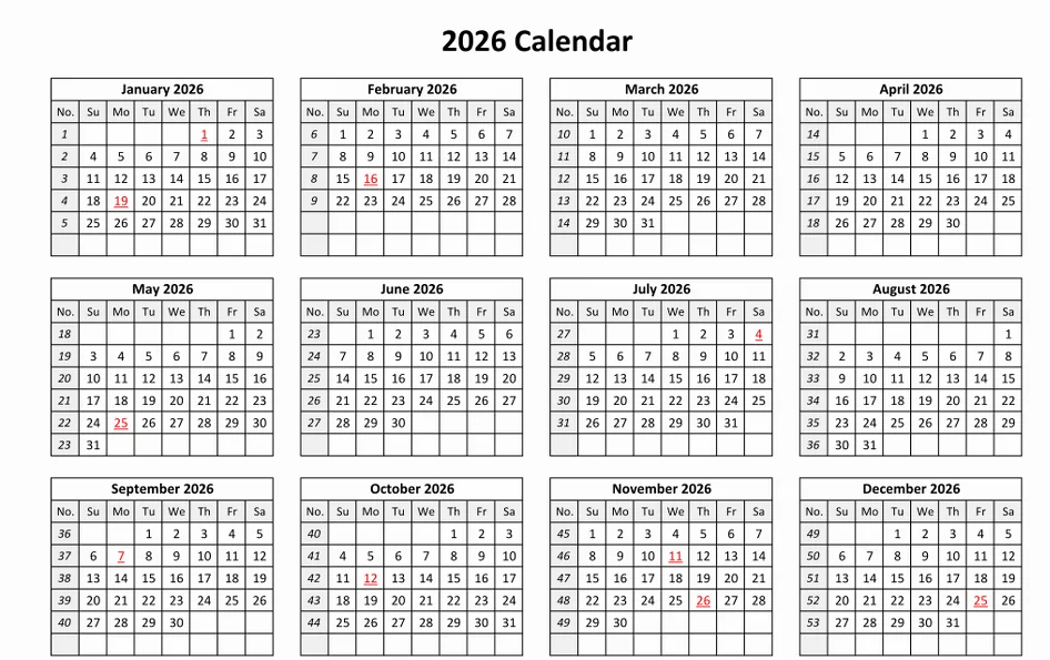 United States 2026 public holidays list with icons