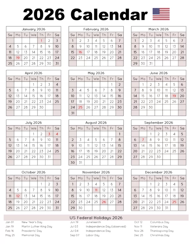 United States holidays 2026 highlighted on calendar