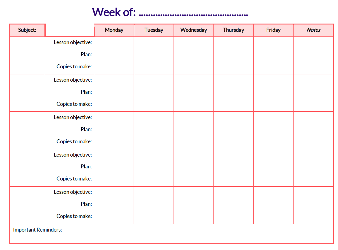 Weekly planning layout with focus sessions