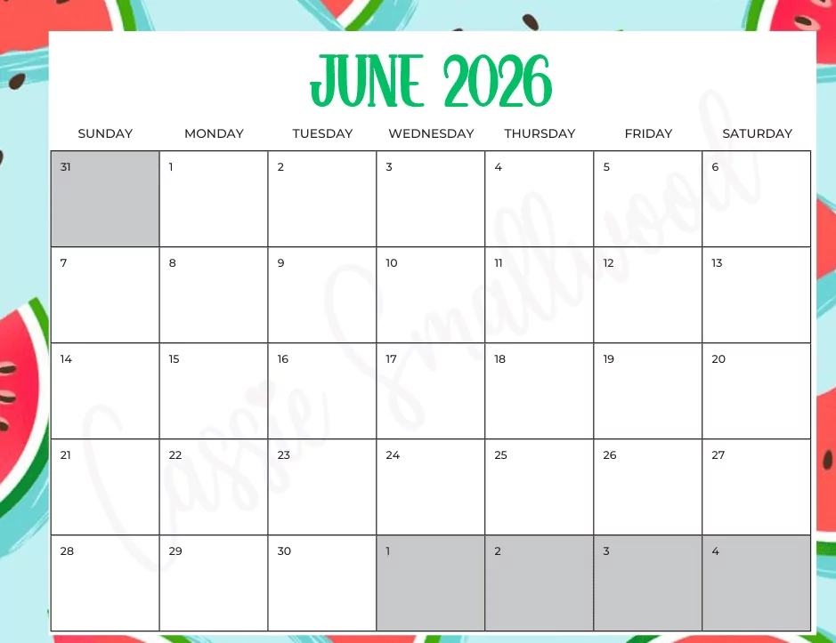 free June 2026 calendar for children with cute animals