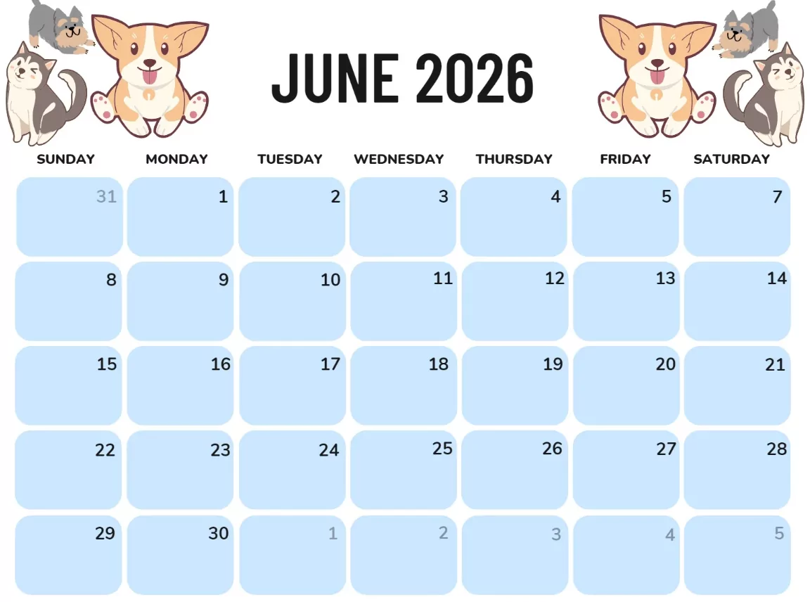 kids animal themed June 2026 calendar printable