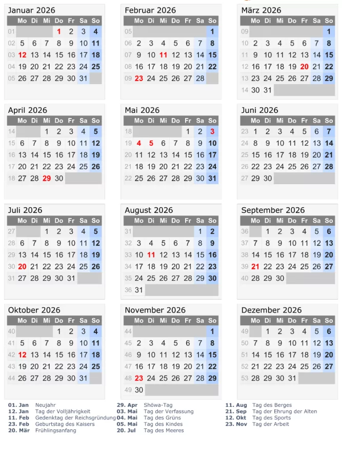 2026 japan holidays calendar key dates