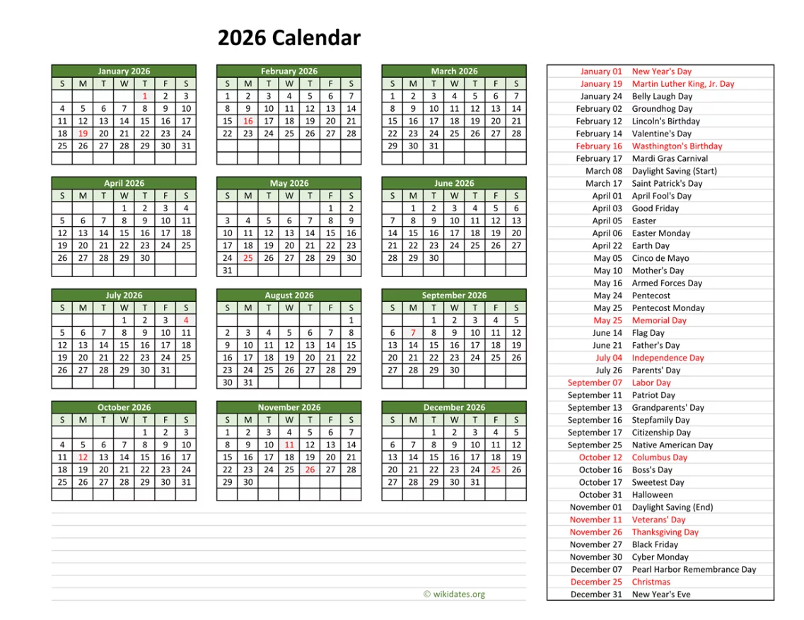 2026 us holidays calendar key dates overview
