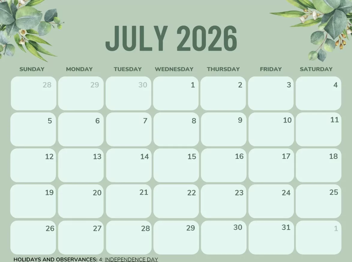 July 2026 minimalist monthly calendar design