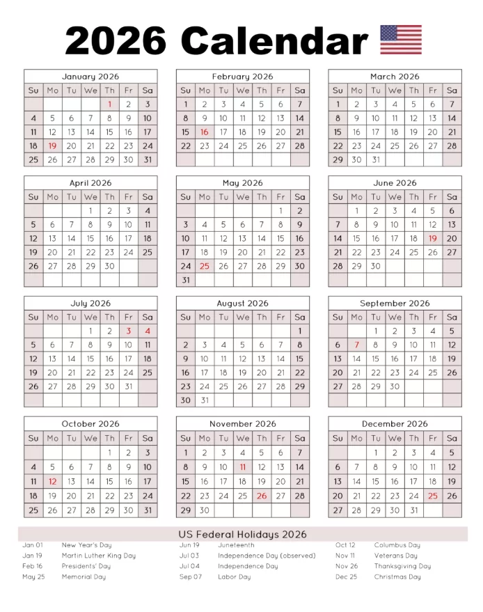 US national holidays calendar year view