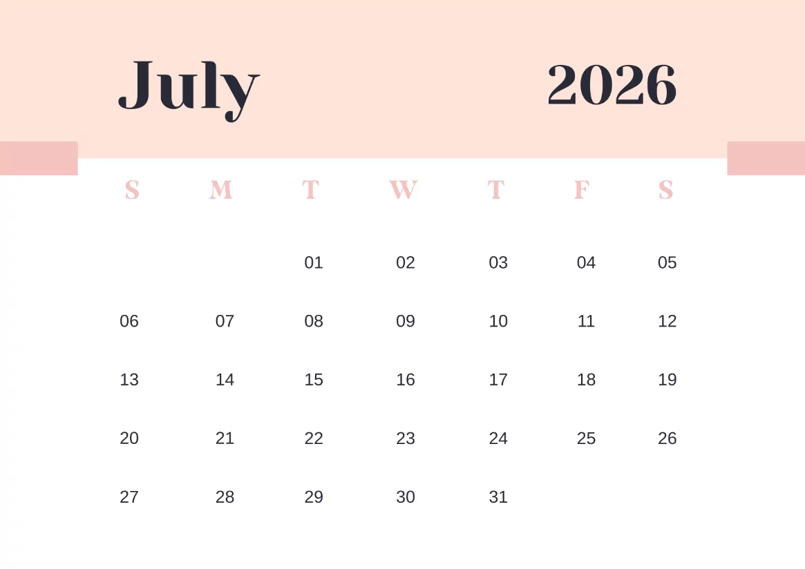 minimalist July 2026 calendar free printable templates