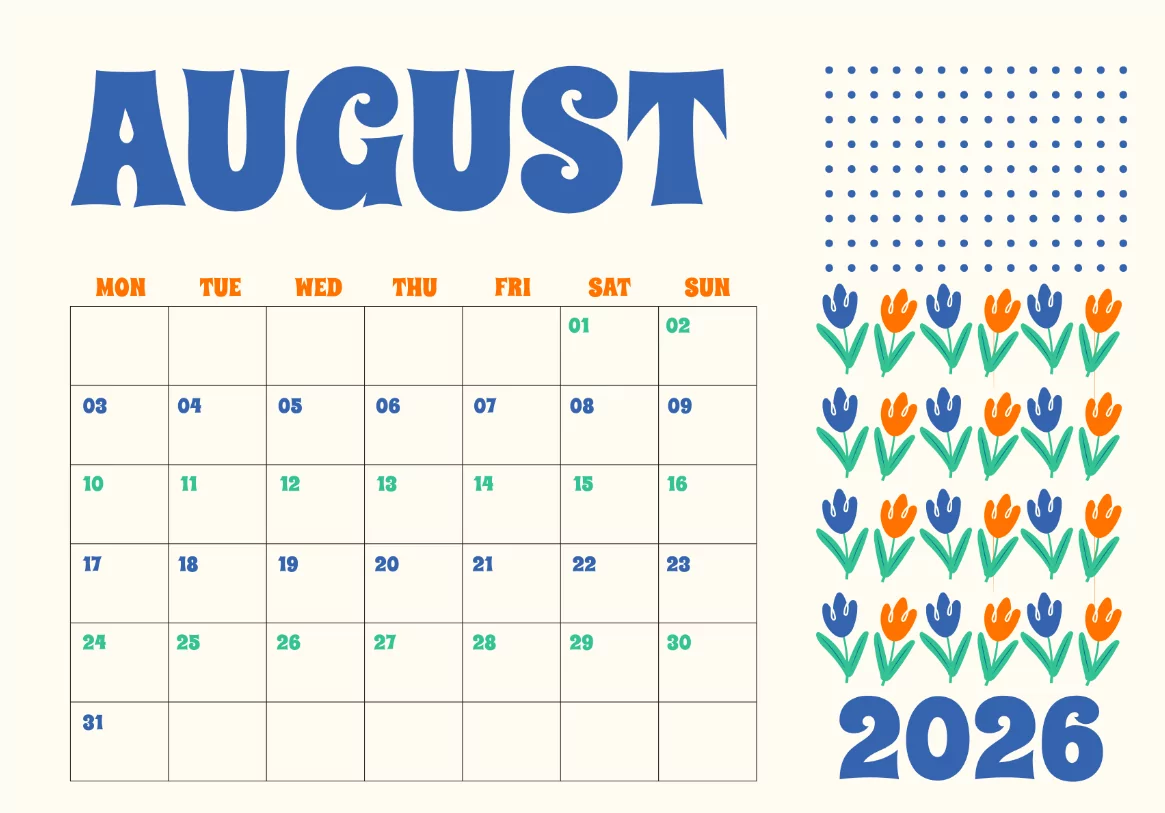 pastel August 2026 calendar free printable templates