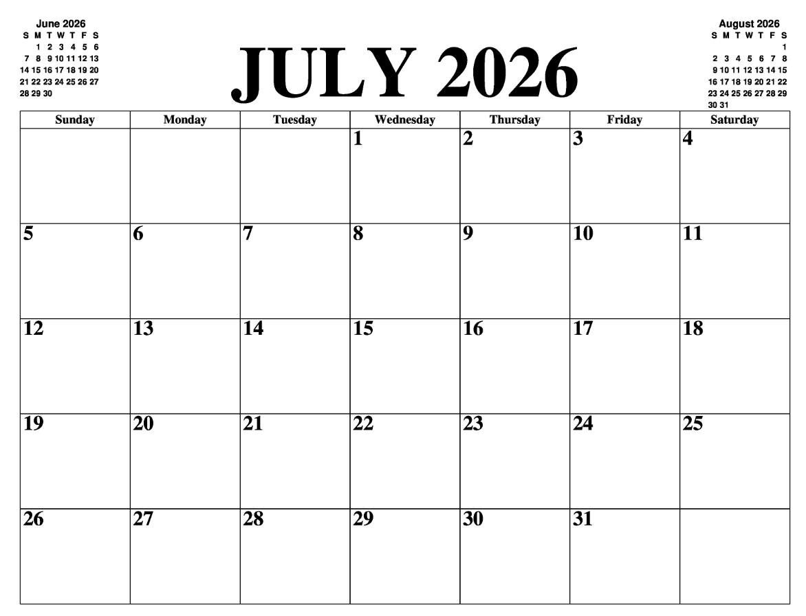 simple clean July calendar printable 2026