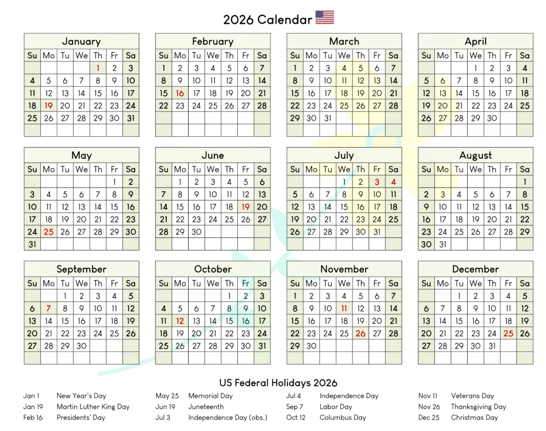 us public holidays 2026 printable calendar