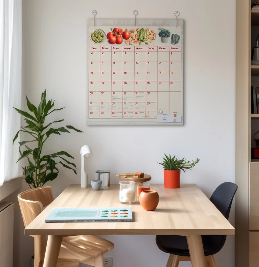 Colorful family calendar on kitchen wall showing each person a different color
