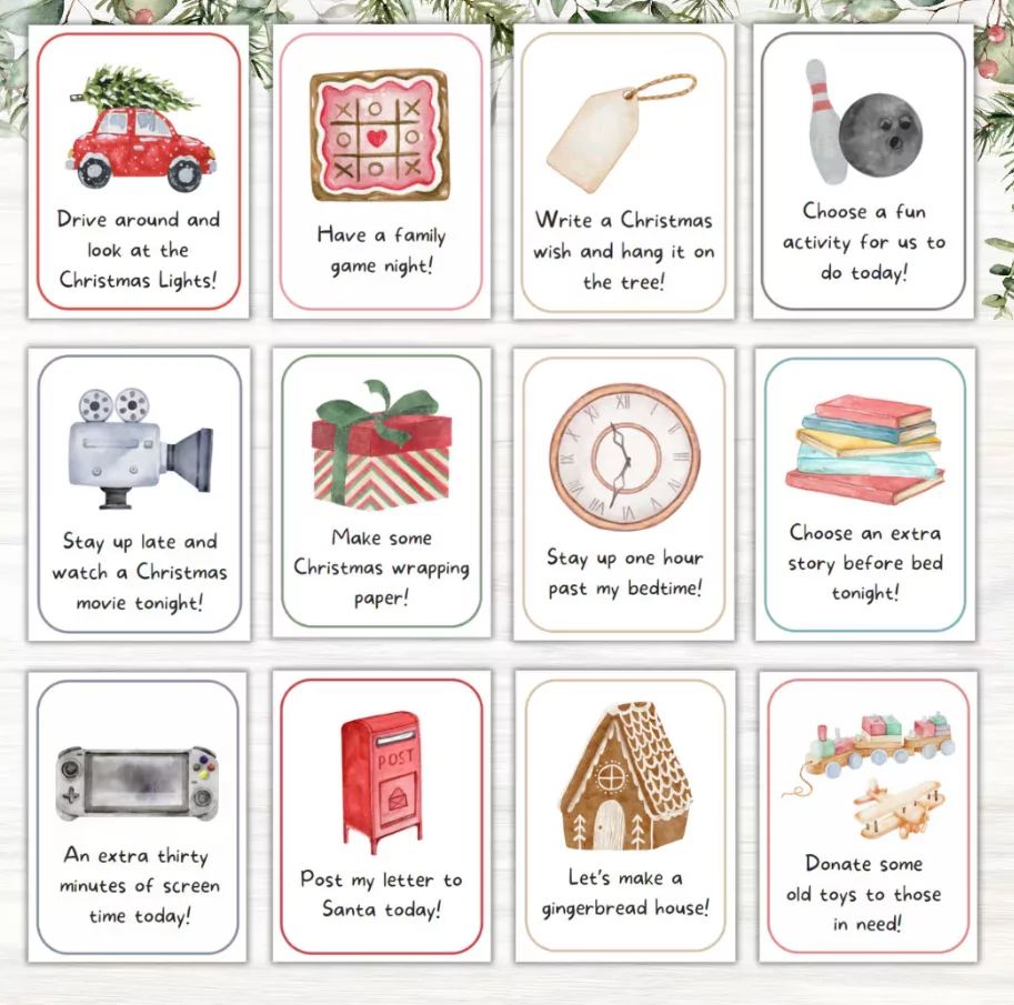 Flat lay of advent calendar fillers including stickers, chocolates, and handwritten note cards