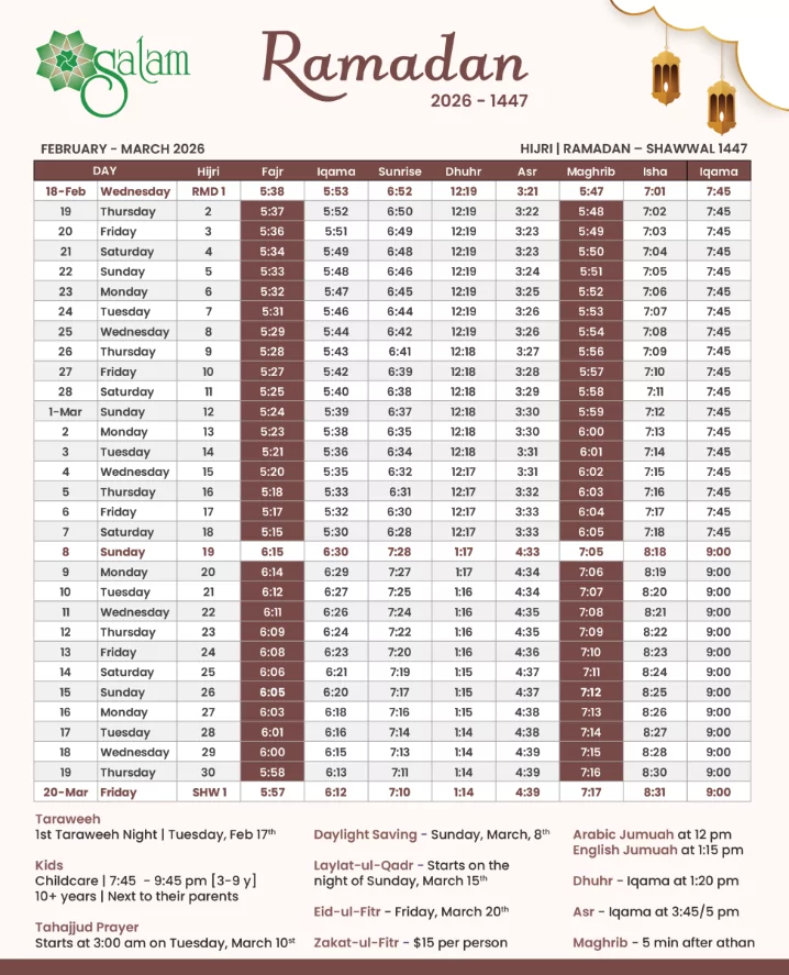 Table showing daily Suhoor and Iftar times for Ramadan 2026 with prayer schedule columns