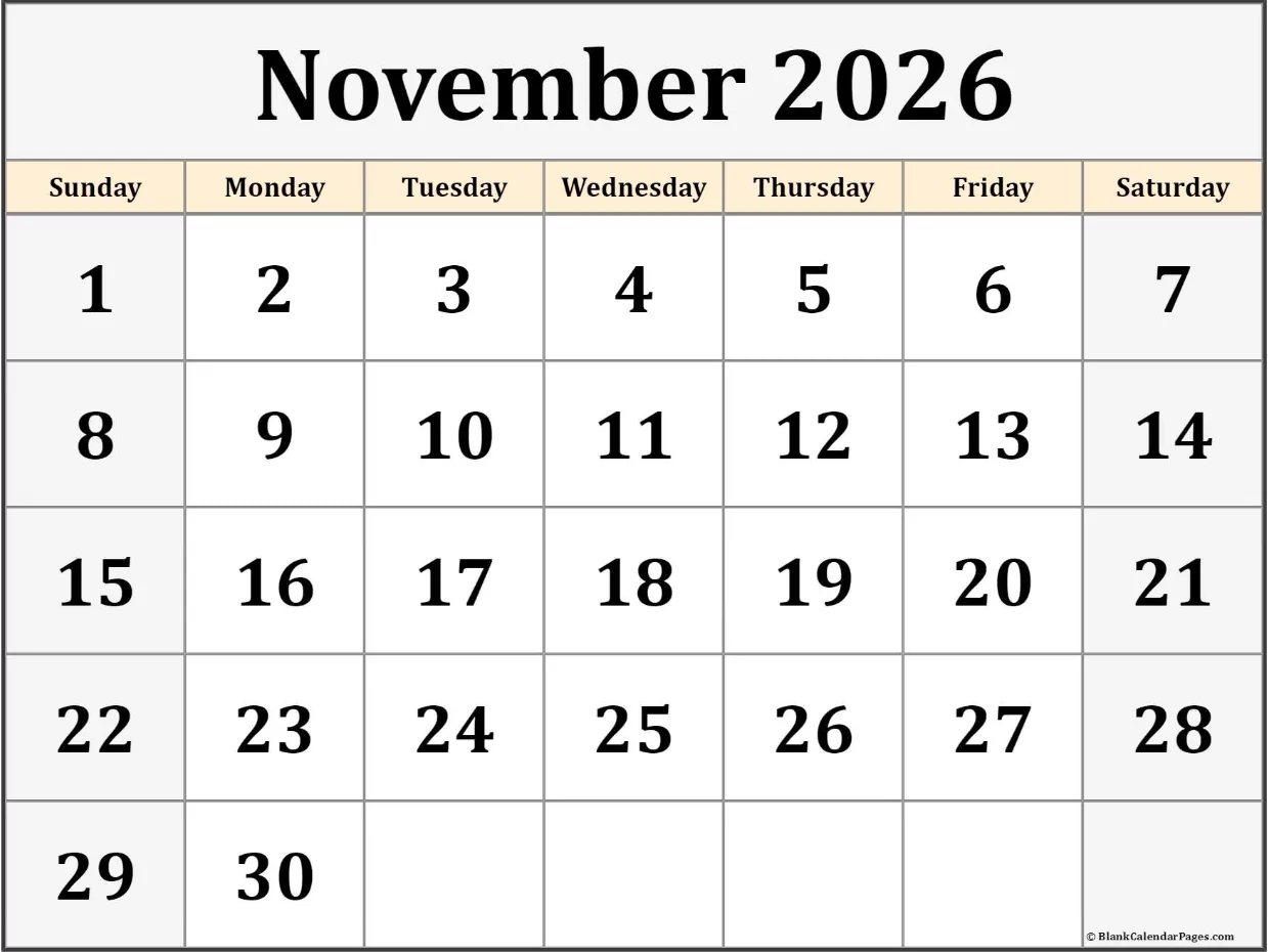 big font november 2026 calendar template