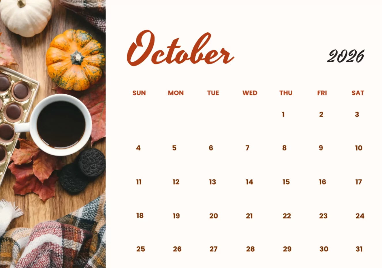 cute october 2026 calendar template