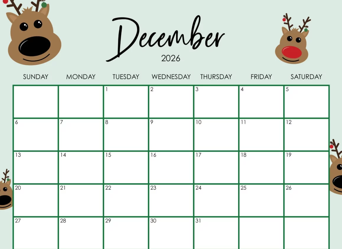 Animal themed December 2026 kids calendar printable Christmas holiday