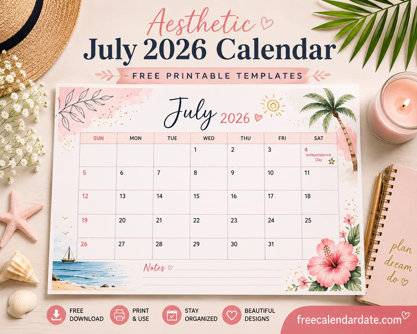 Aesthetic July 2026 Calendar – Free Printable Templates