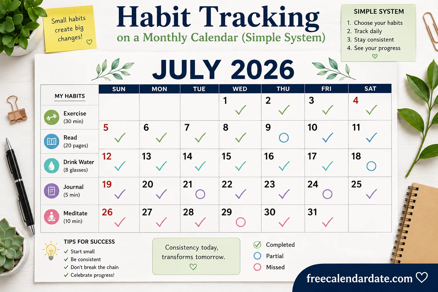 Habit Tracking on a Monthly Calendar