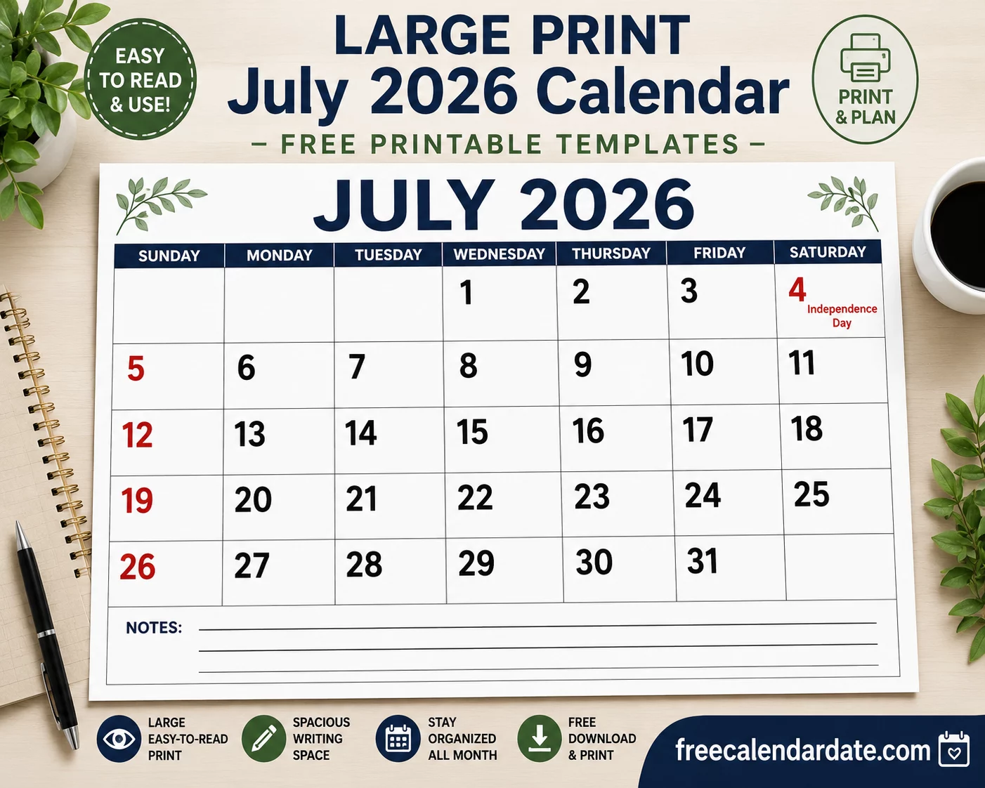 Large Print July 2026 Calendar – Free Printable Templates