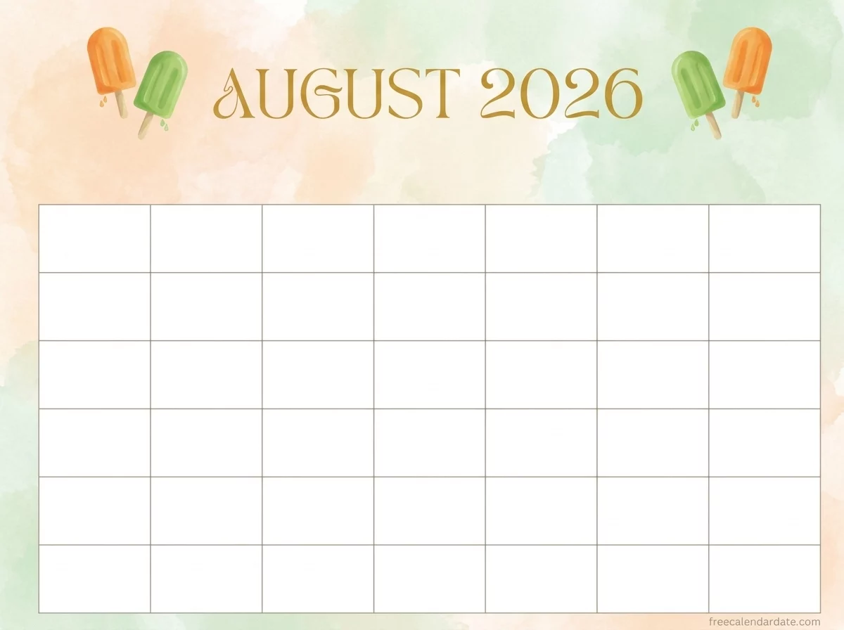 minimalist monthly calendar August 2026 printable