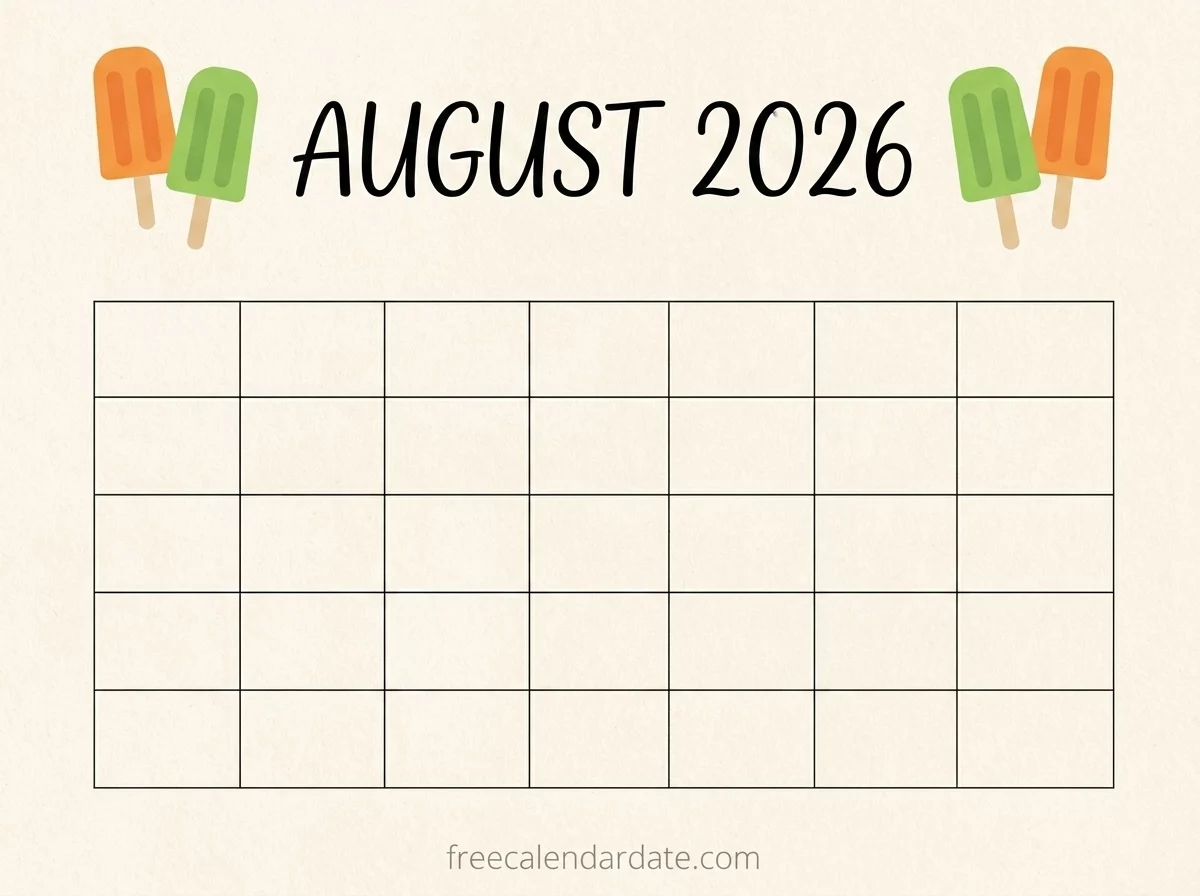 simple printable August 2026 calendar design